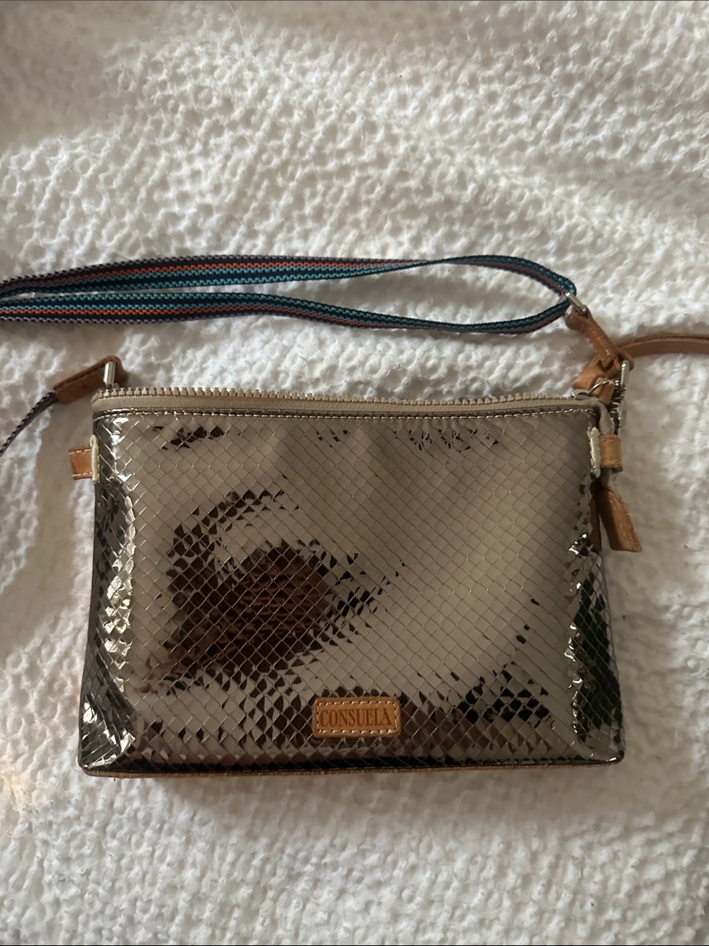 Consuela Metallic Pewter Snake-Embossed Wristlet with Striped Strap
